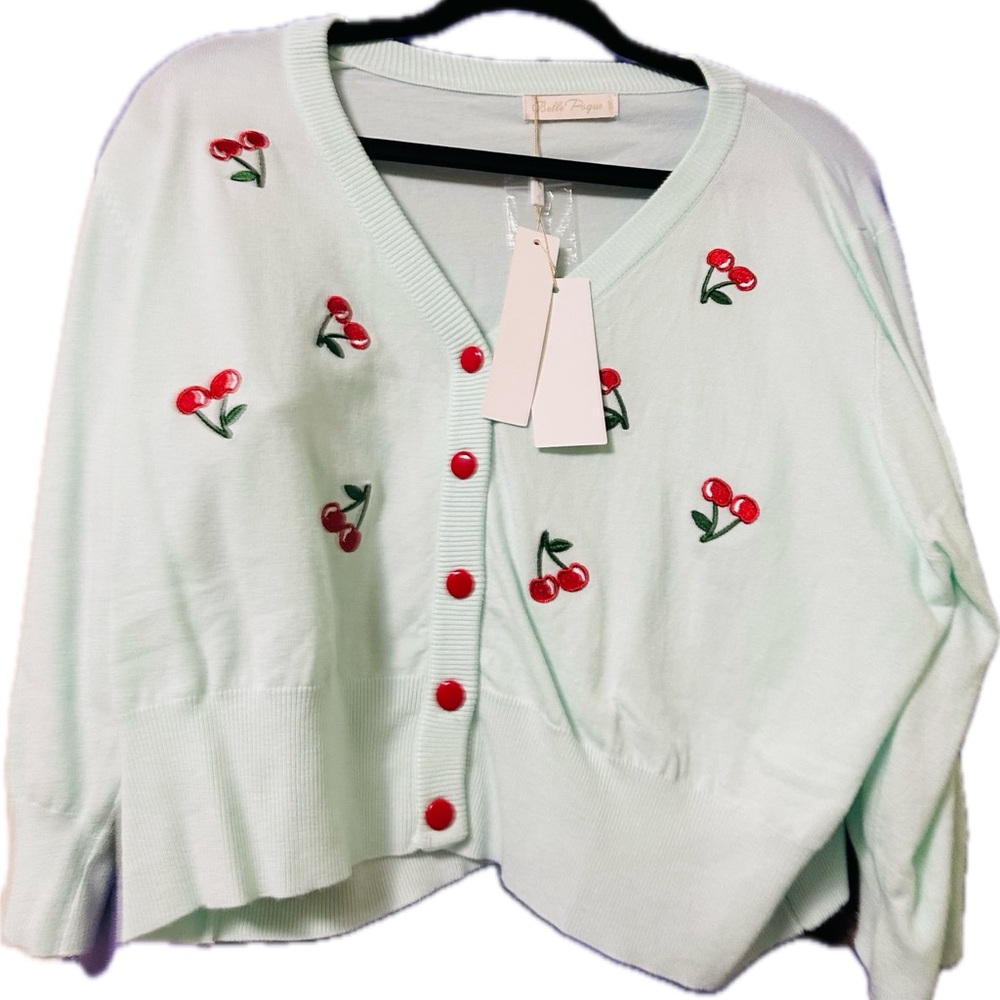 Lime green cardigan with cherries